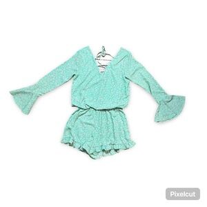 Womens Teal Floral Romper with Bell Sleeves‎ Lace Up Back